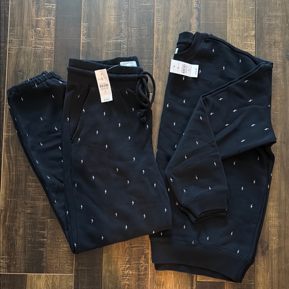 Lou & Grey Black lightening bolt Track Pants (S) & sweatshirt (M)